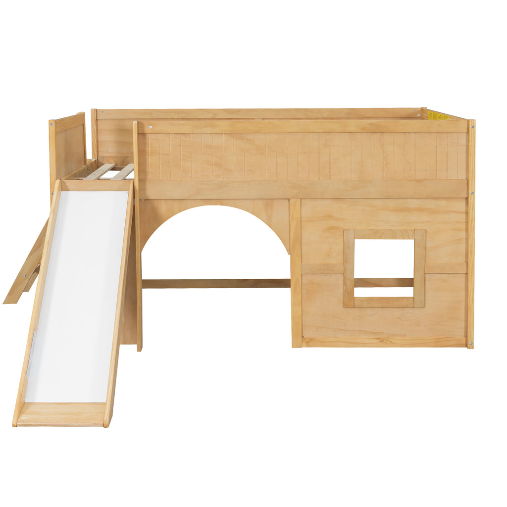 Kids Low Loft Bed with Slide & Storage Shelves, All-in-One Wooden Loft Bed with Underbed Play Fort