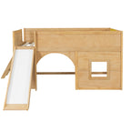 Kids Low Loft Bed with Slide & Storage Shelves, All-in-One Wooden Loft Bed with Underbed Play Fort