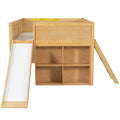 Kids Low Loft Bed with Slide & Storage Shelves, All-in-One Wooden Loft Bed with Underbed Play Fort
