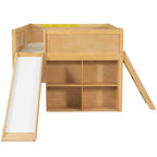 Kids Low Loft Bed with Slide & Storage Shelves, All-in-One Wooden Loft Bed with Underbed Play Fort