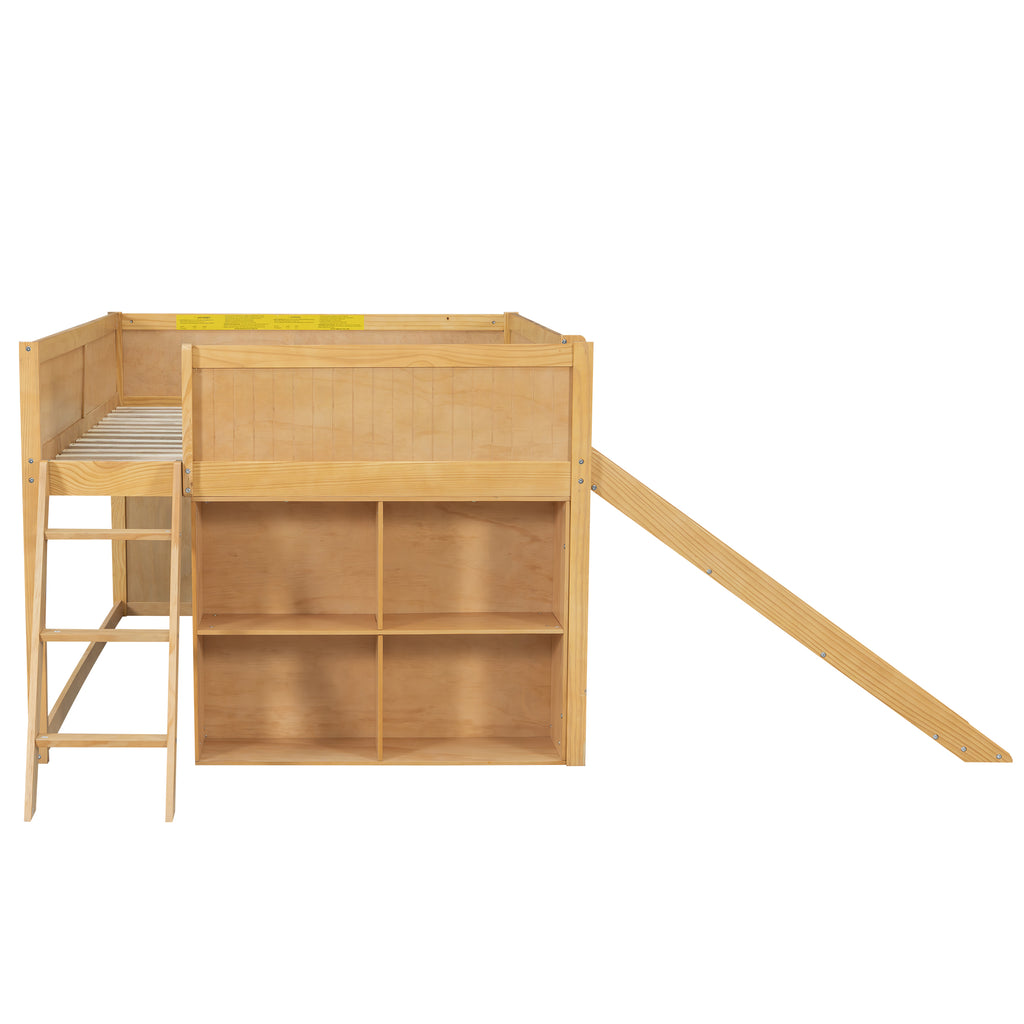 Kids Low Loft Bed with Slide & Storage Shelves, All-in-One Wooden Loft Bed with Underbed Play Fort
