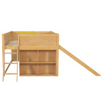 Kids Low Loft Bed with Slide & Storage Shelves, All-in-One Wooden Loft Bed with Underbed Play Fort