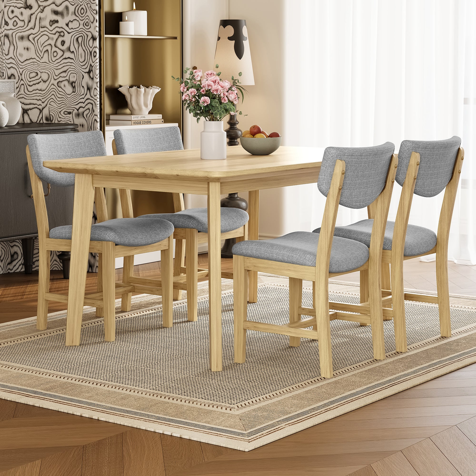 GDF Studio 5-Piece Solid Wood Dining Table Set with Upholstered Chairs, Rectangular Kitchen Table Set for 4