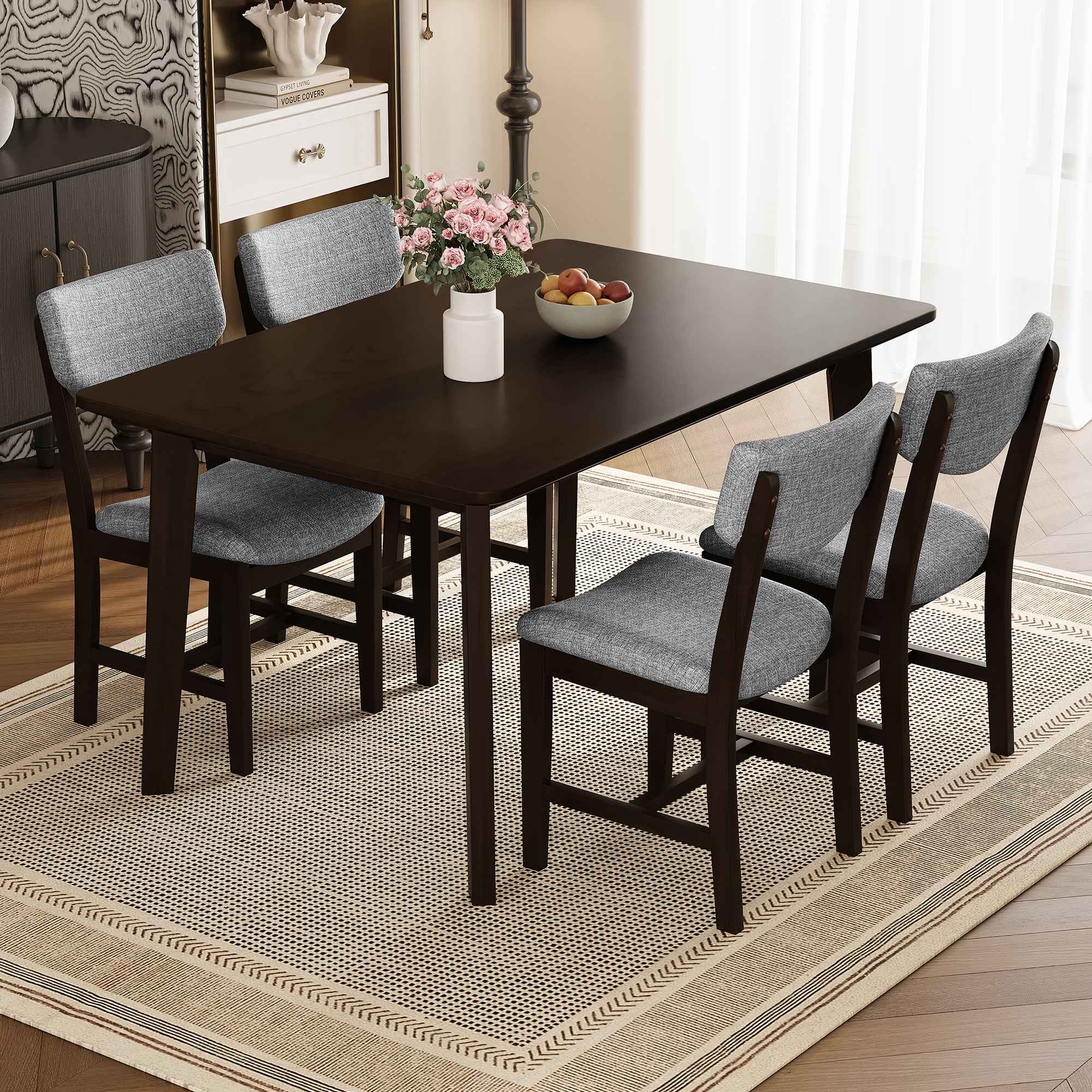 GDF Studio 5-Piece Solid Wood Dining Table Set with Upholstered Chairs, Rectangular Kitchen Table Set for 4
