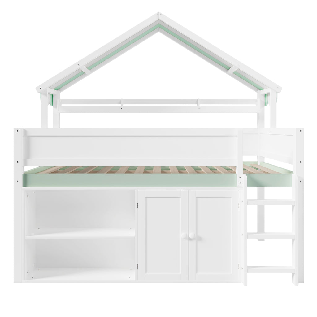 GDF Studio Loft Bed with Canopy Roof and Storage Cabinet, Full Size