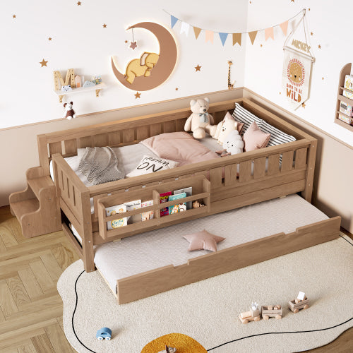 GDFStudio Moon Wood Kids Trundle Bed with Safety Rails and Bookshelf, Natural, Twin