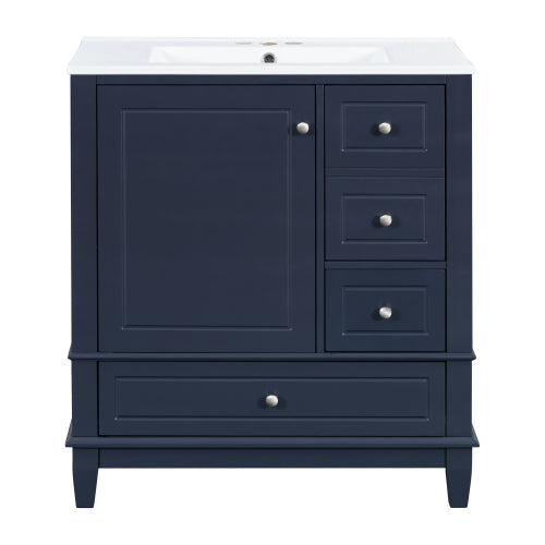 Christopher Knight Home Thomas Modern Wooden Bathroom Vanity with Ceramic Sink, Door and 3 Drawers, Blue-Left Door