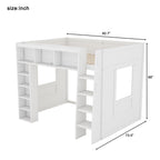 Queen Loft Bed with Storage Cabinets & Bookshelf, Solid Wood Loft Bed with Ladder for Small Bedrooms
