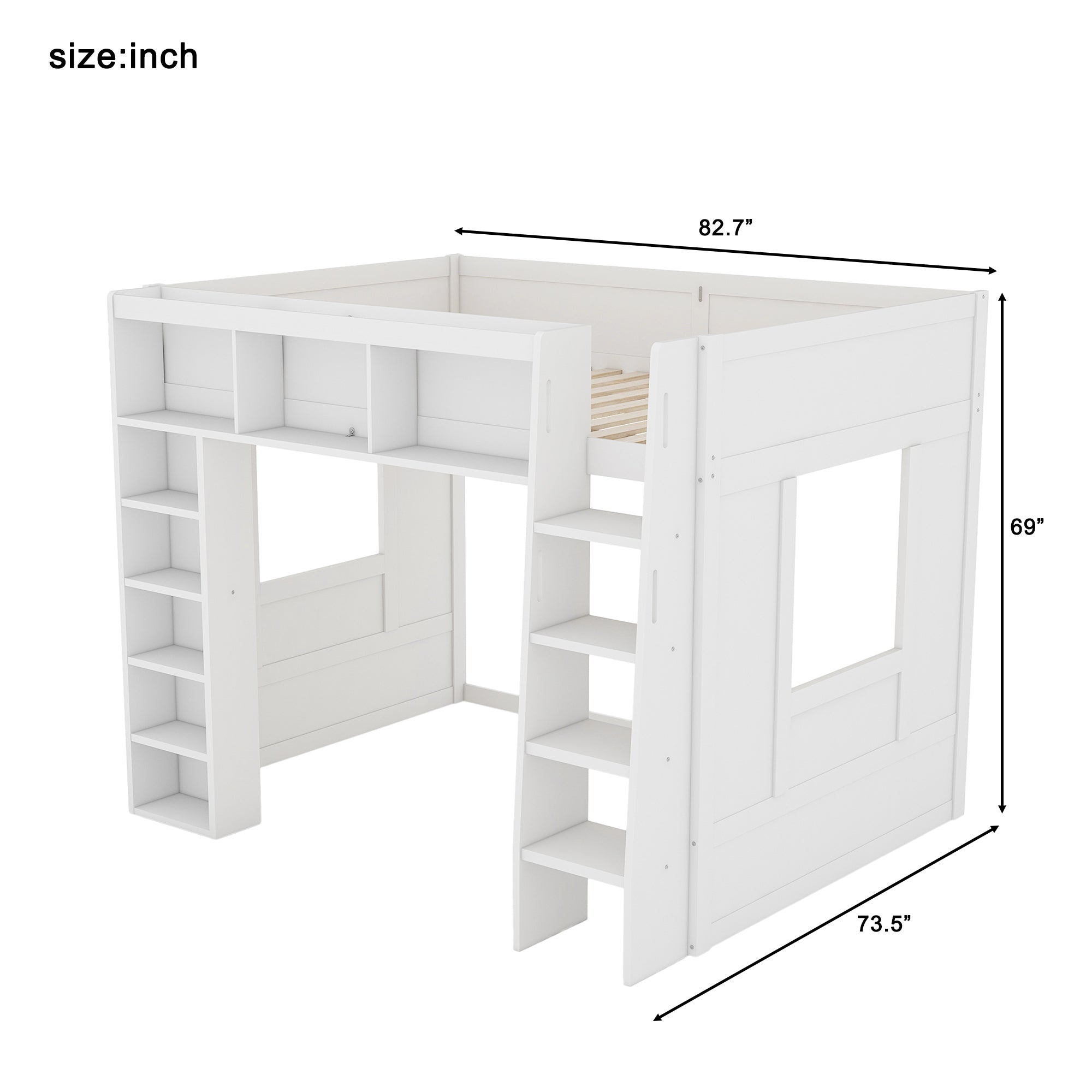 Queen Loft Bed with Storage Cabinets & Bookshelf, Solid Wood Loft Bed with Ladder for Small Bedrooms