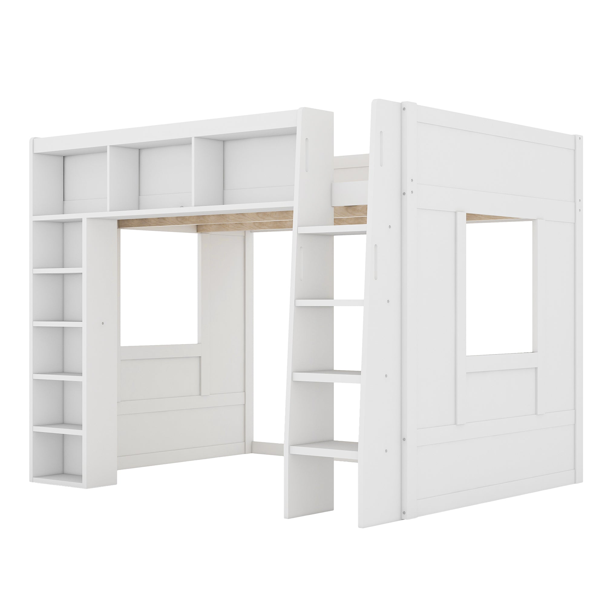 Queen Loft Bed with Storage Cabinets & Bookshelf, Solid Wood Loft Bed with Ladder for Small Bedrooms