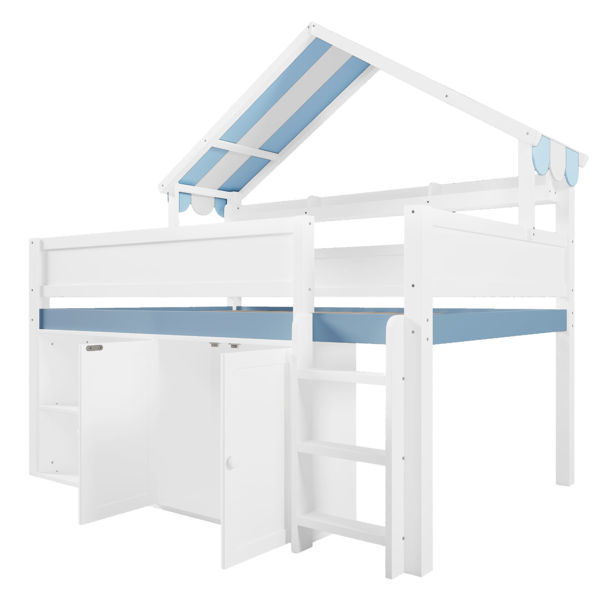 GDF Studio Loft Bed with Canopy Roof and Storage Cabinet, Full Size