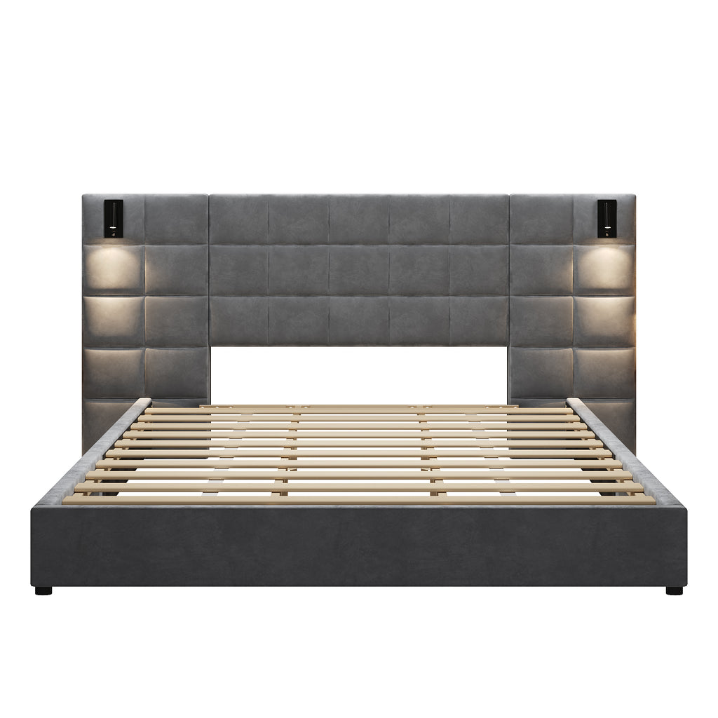 Christopher Knight Home Modern Velvet Upholstered Bed Frame with Padded Headboard & USB Wall Sconce