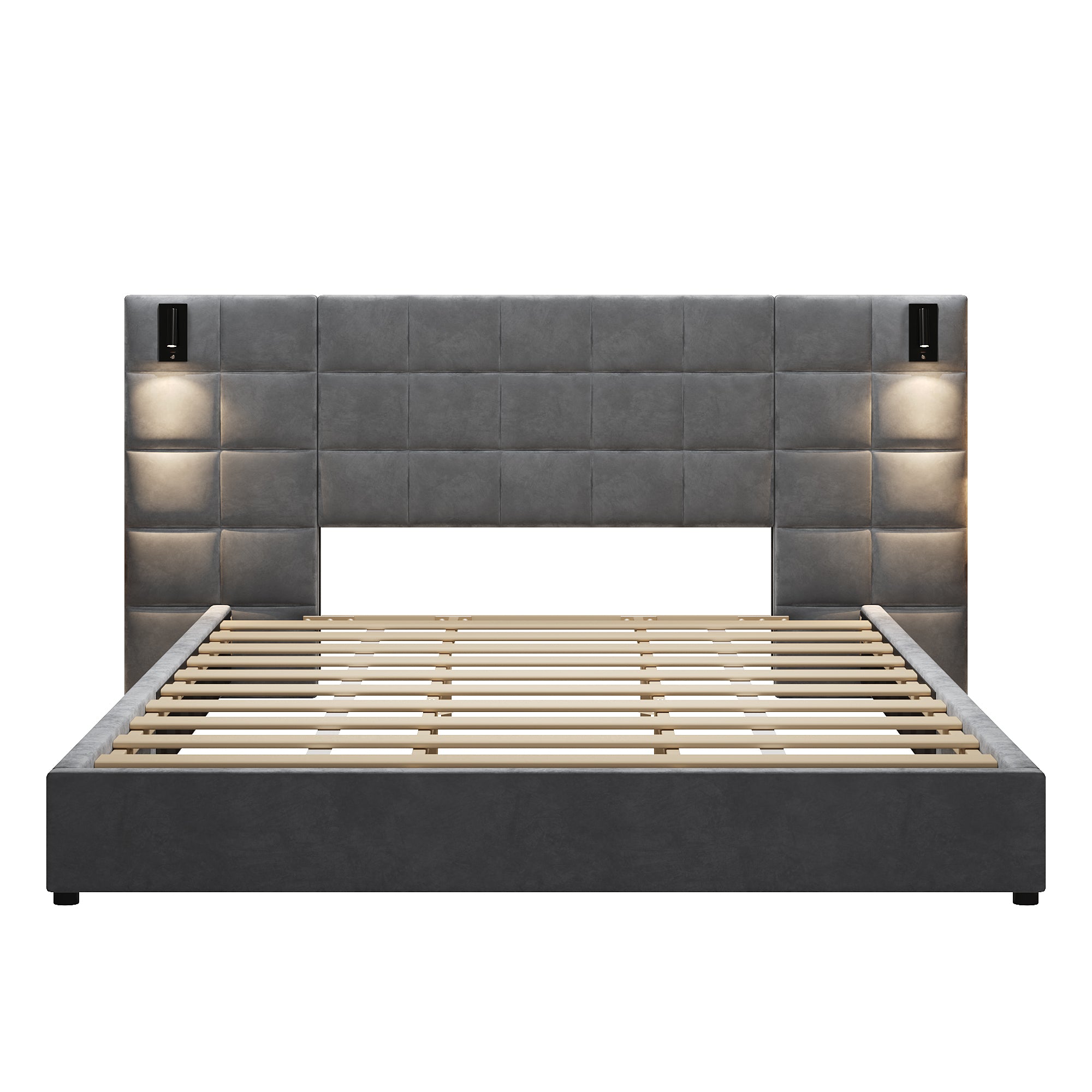 Christopher Knight Home Modern Velvet Upholstered Bed Frame with Padded Headboard & USB Wall Sconce
