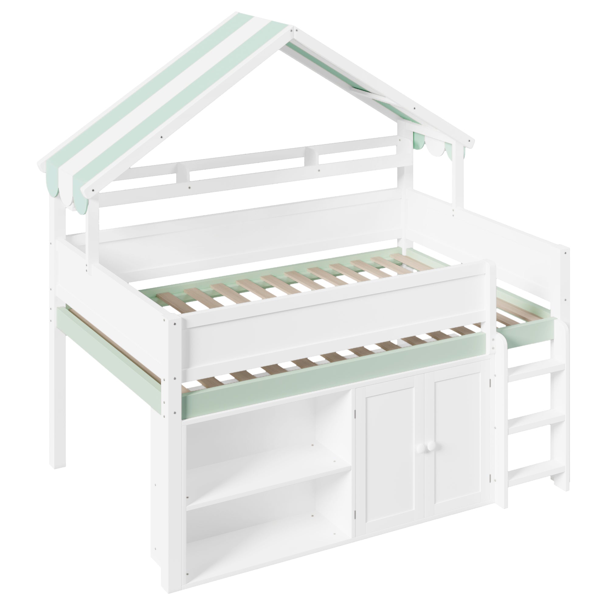 GDF Studio Loft Bed with Canopy Roof and Storage Cabinet, Full Size