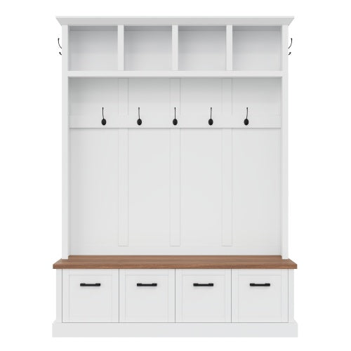 GDFStudio Weston Modern Farmhouse Wood Hall Tree with Storage Bench, Open Shelves and Coat Hook, White