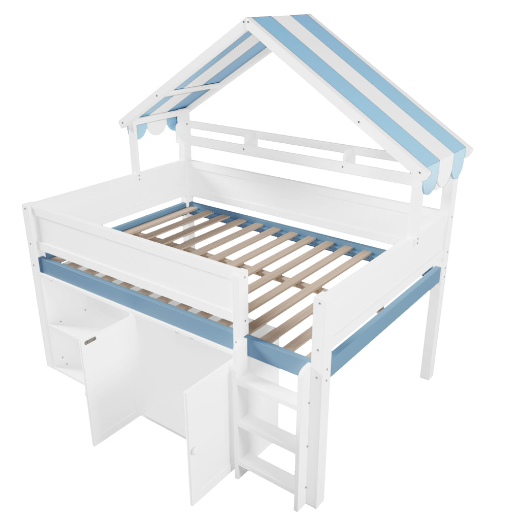 GDF Studio Loft Bed with Canopy Roof and Storage Cabinet, Full Size