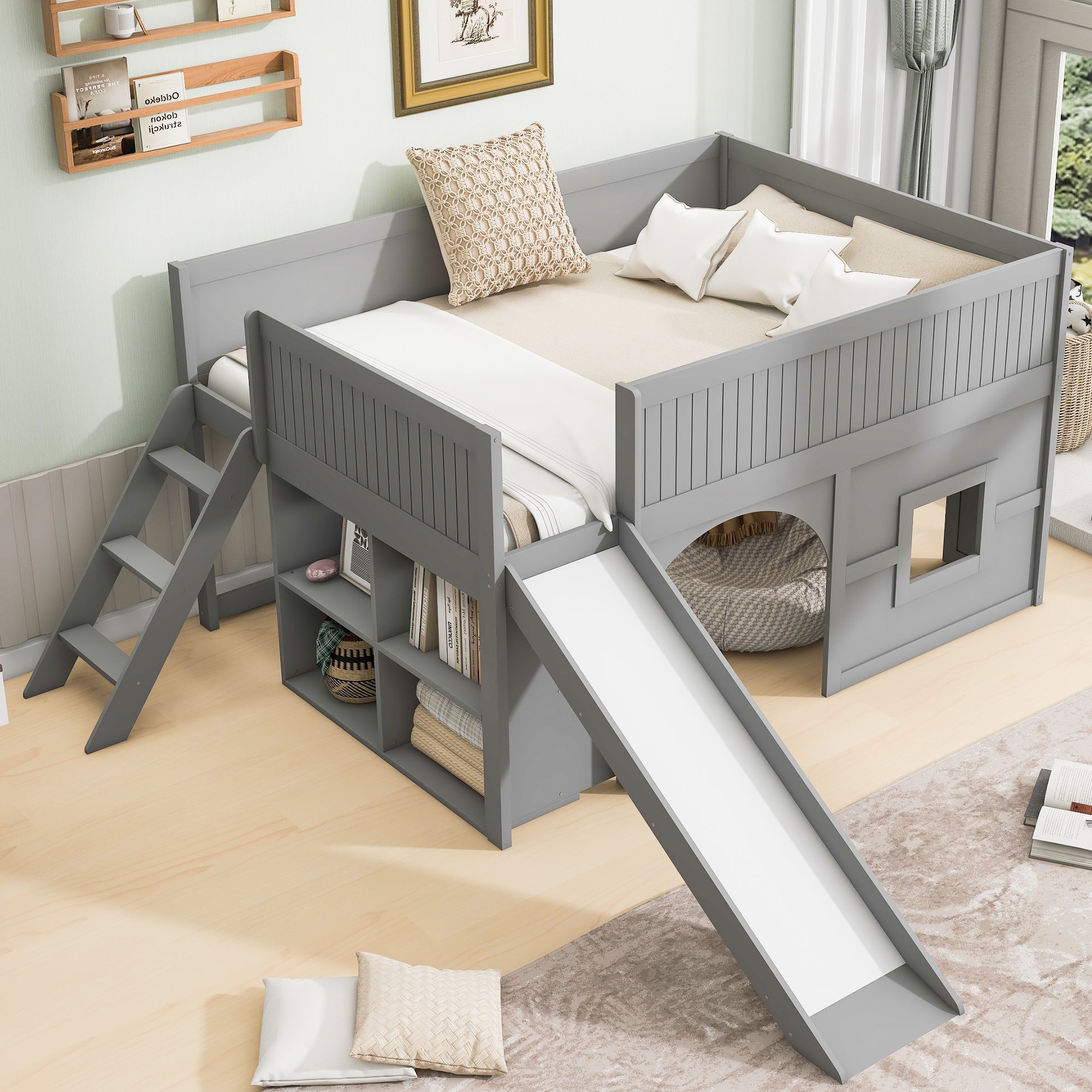 Kids Low Loft Bed with Slide & Storage Shelves, All-in-One Wooden Loft Bed with Underbed Play Fort