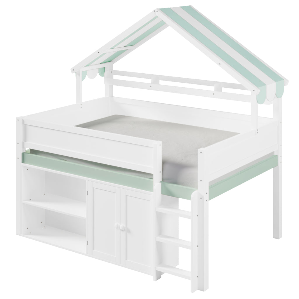 GDF Studio Loft Bed with Canopy Roof and Storage Cabinet, Full Size