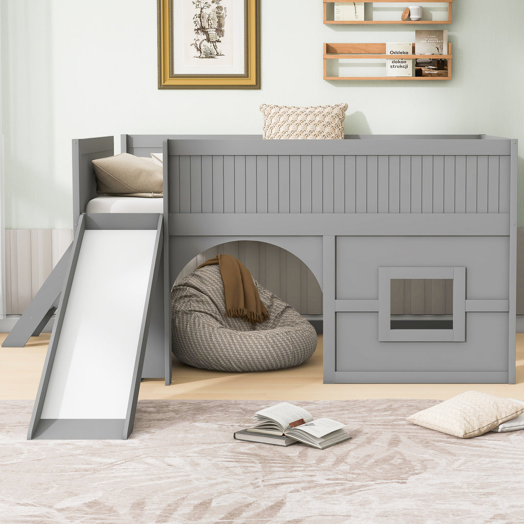 Kids Low Loft Bed with Slide & Storage Shelves, All-in-One Wooden Loft Bed with Underbed Play Fort