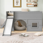 Kids Low Loft Bed with Slide & Storage Shelves, All-in-One Wooden Loft Bed with Underbed Play Fort