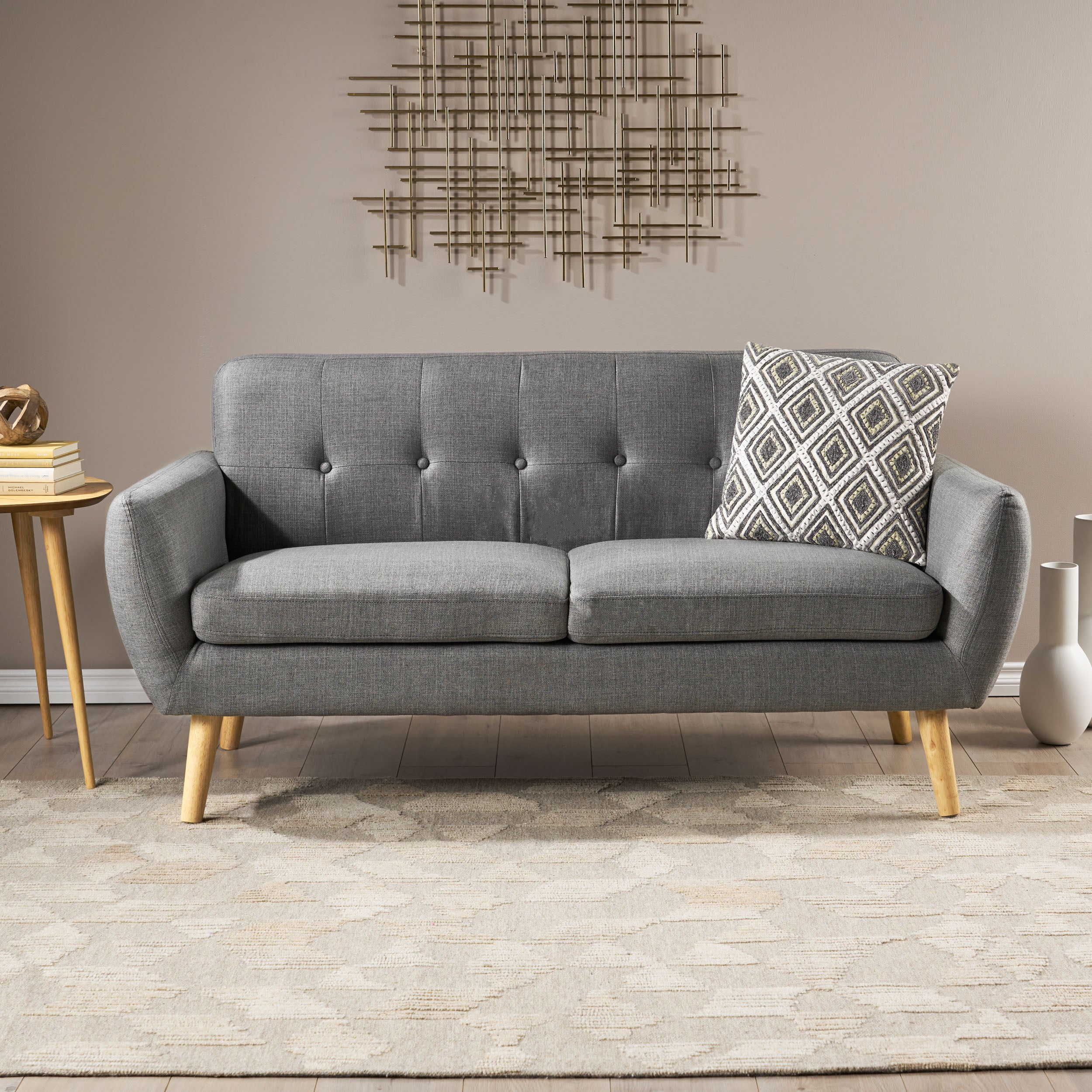 Mid-Century Modern Loveseat with Button-Tufted Waffle Stitch & Tapered Wood Legs ¨C Compact Small-Space Sofa
