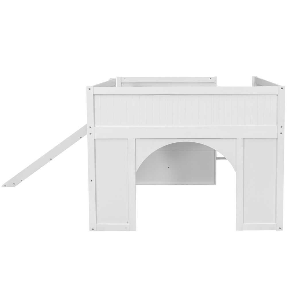 Kids Low Loft Bed with Slide & Storage Shelves, All-in-One Wooden Loft Bed with Underbed Play Fort