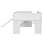Kids Low Loft Bed with Slide & Storage Shelves, All-in-One Wooden Loft Bed with Underbed Play Fort