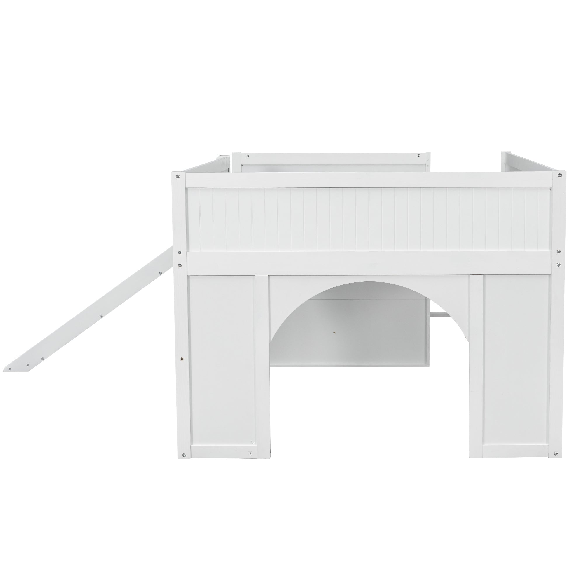 Kids Low Loft Bed with Slide & Storage Shelves, All-in-One Wooden Loft Bed with Underbed Play Fort