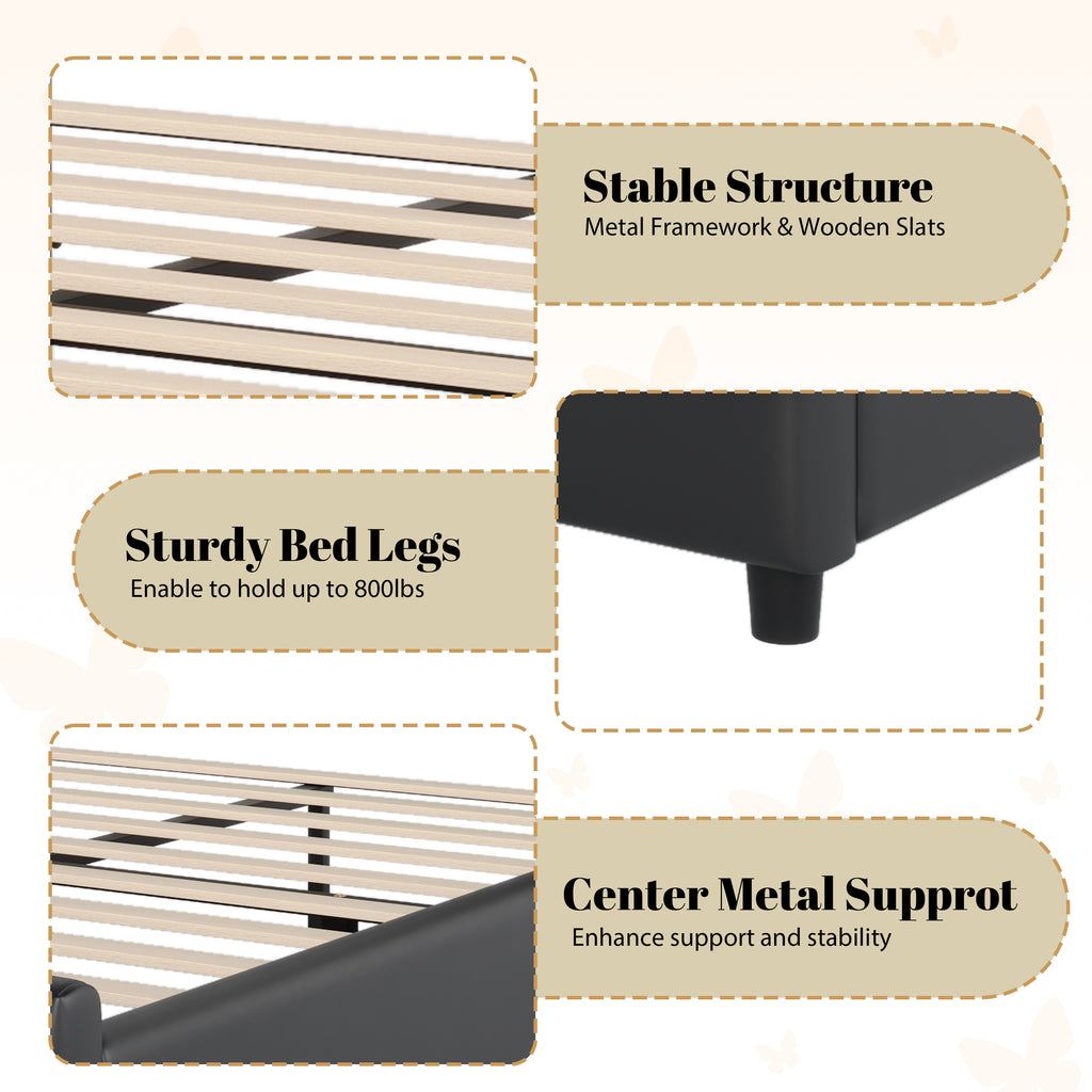 Christopher Knight Home Butterfly-Headboard PU Leather Platform Bed with Wood Slats & Metal Accents