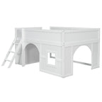 Kids Low Loft Bed with Slide & Storage Shelves, All-in-One Wooden Loft Bed with Underbed Play Fort
