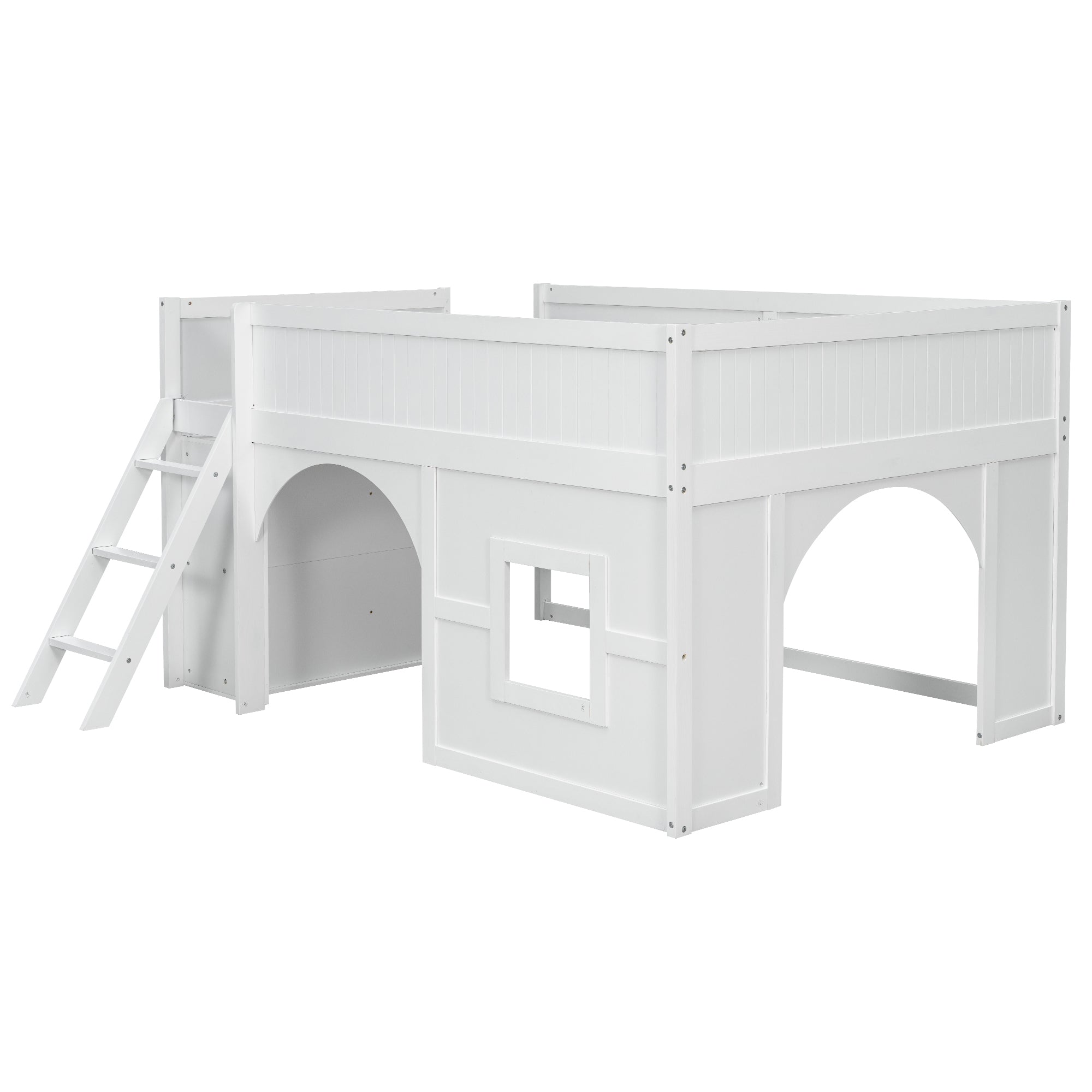 Kids Low Loft Bed with Slide & Storage Shelves, All-in-One Wooden Loft Bed with Underbed Play Fort