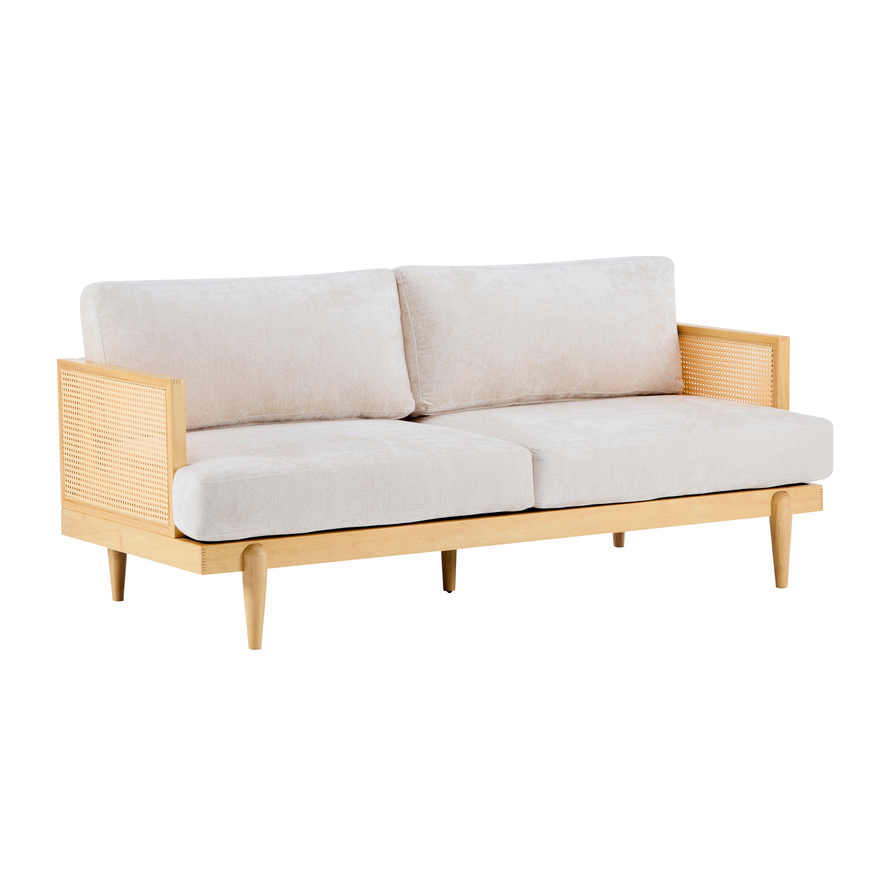 Christopher Knight Home Quince 72" Modern 3-Seater Rubberwood Upholstered Sofa with Cushion and Rattan Design, Natural/Boucle