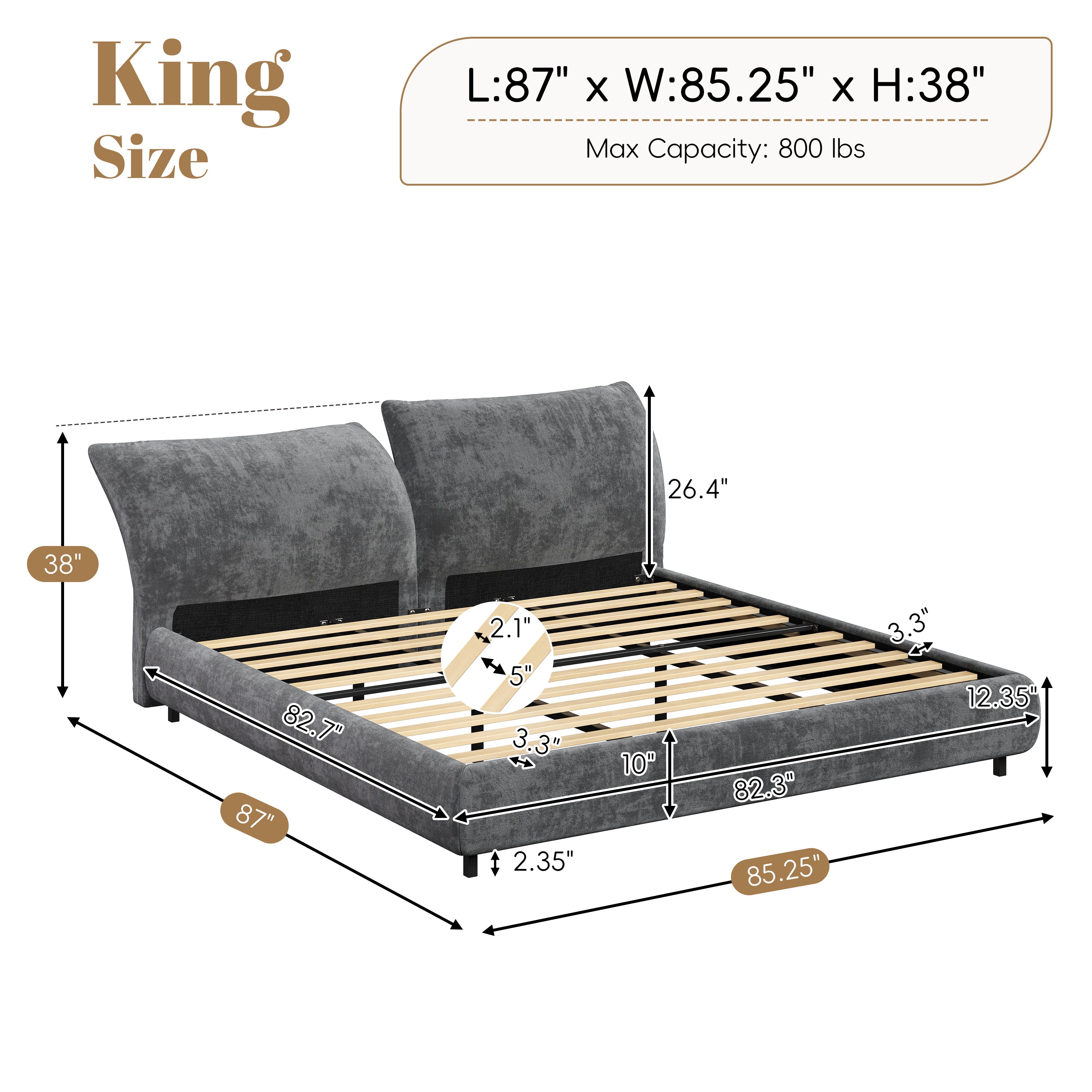 Christopher Knight Home Modern Fabric Upholstered Bed with Adjustable Cushion Headboard & Wood Slat Support