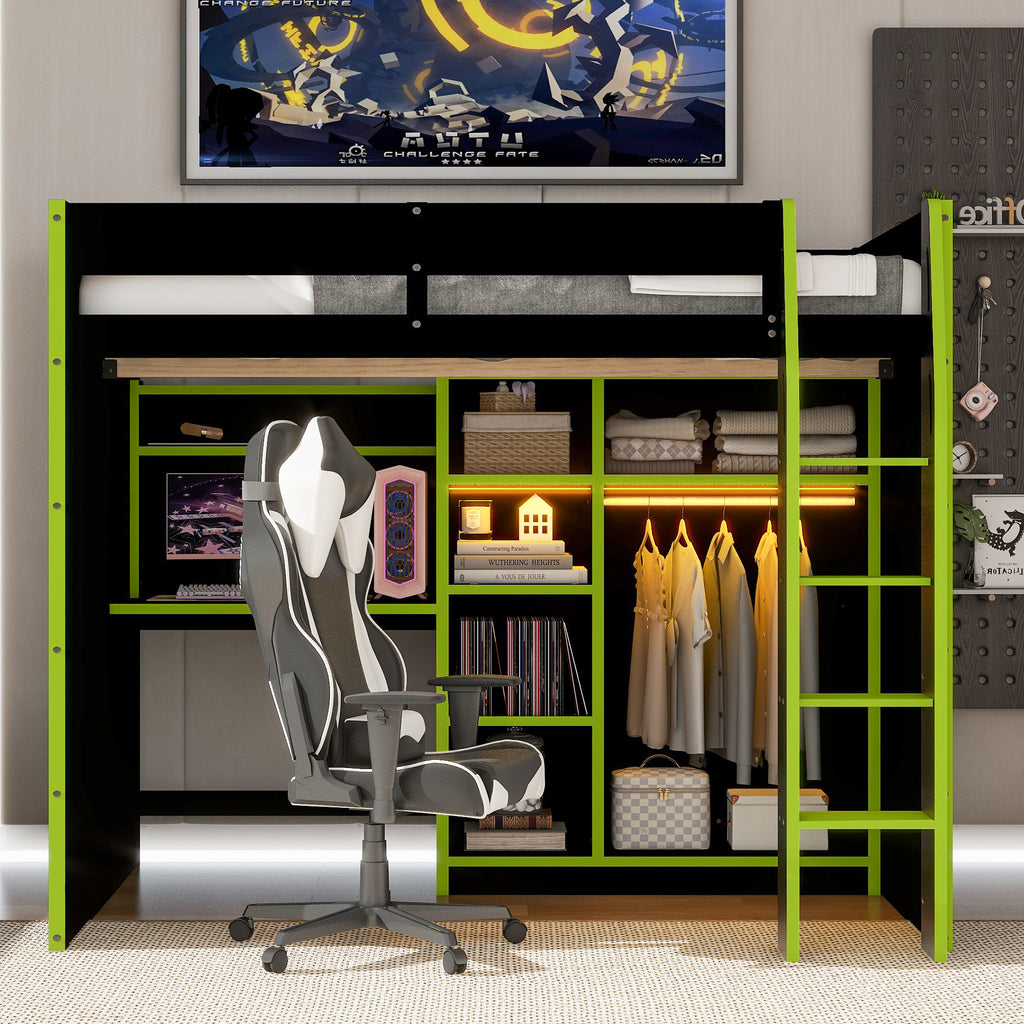 Full Size Gaming Loft Bed with Desk, LED Lights & Open Wardrobe, Space-Saving Loft Bed for Gamers & Small Rooms