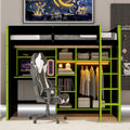 Full Size Gaming Loft Bed with Desk, LED Lights & Open Wardrobe, Space-Saving Loft Bed for Gamers & Small Rooms