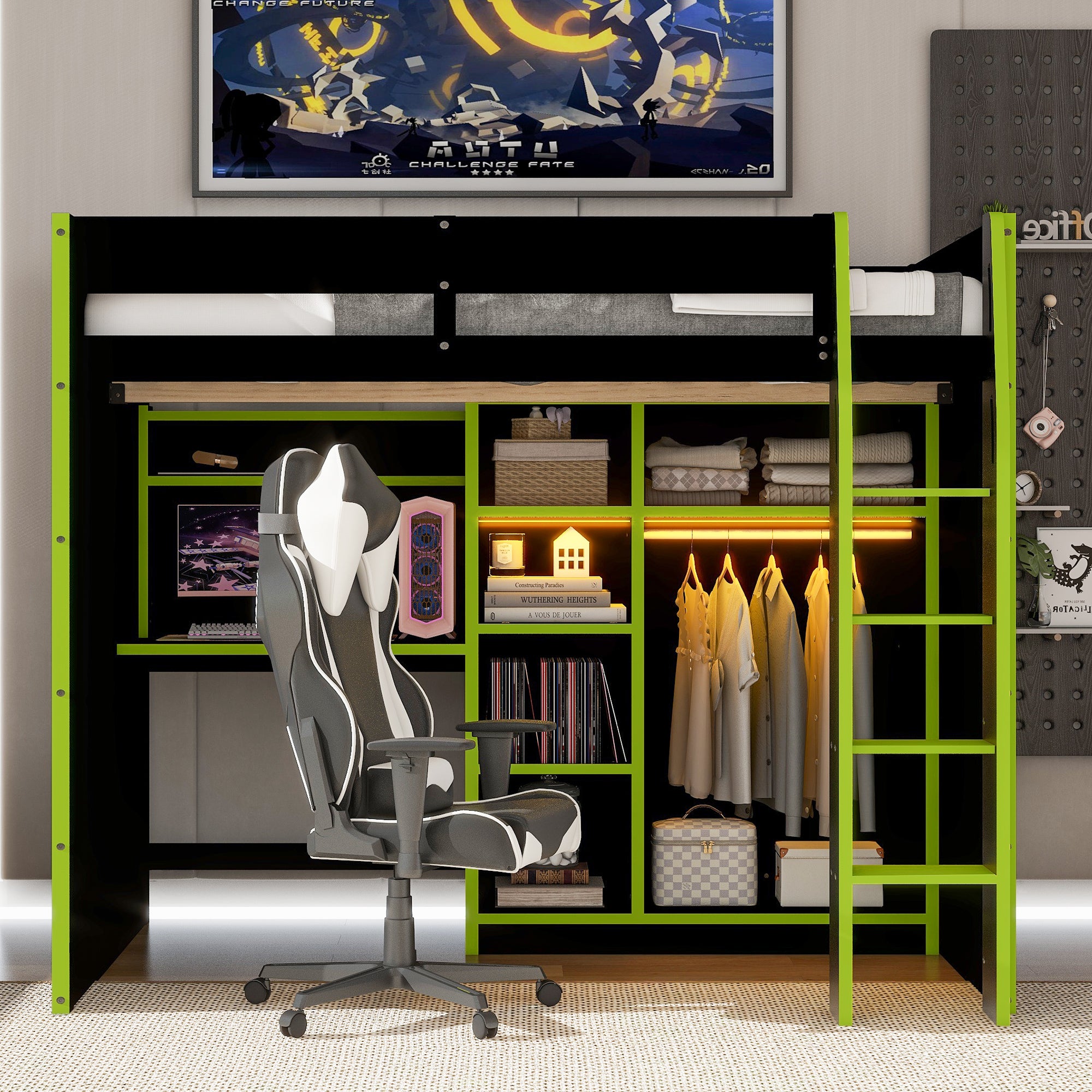 Full Size Gaming Loft Bed with Desk, LED Lights & Open Wardrobe, Space-Saving Loft Bed for Gamers & Small Rooms