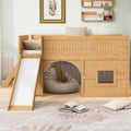 Kids Low Loft Bed with Slide & Storage Shelves, All-in-One Wooden Loft Bed with Underbed Play Fort