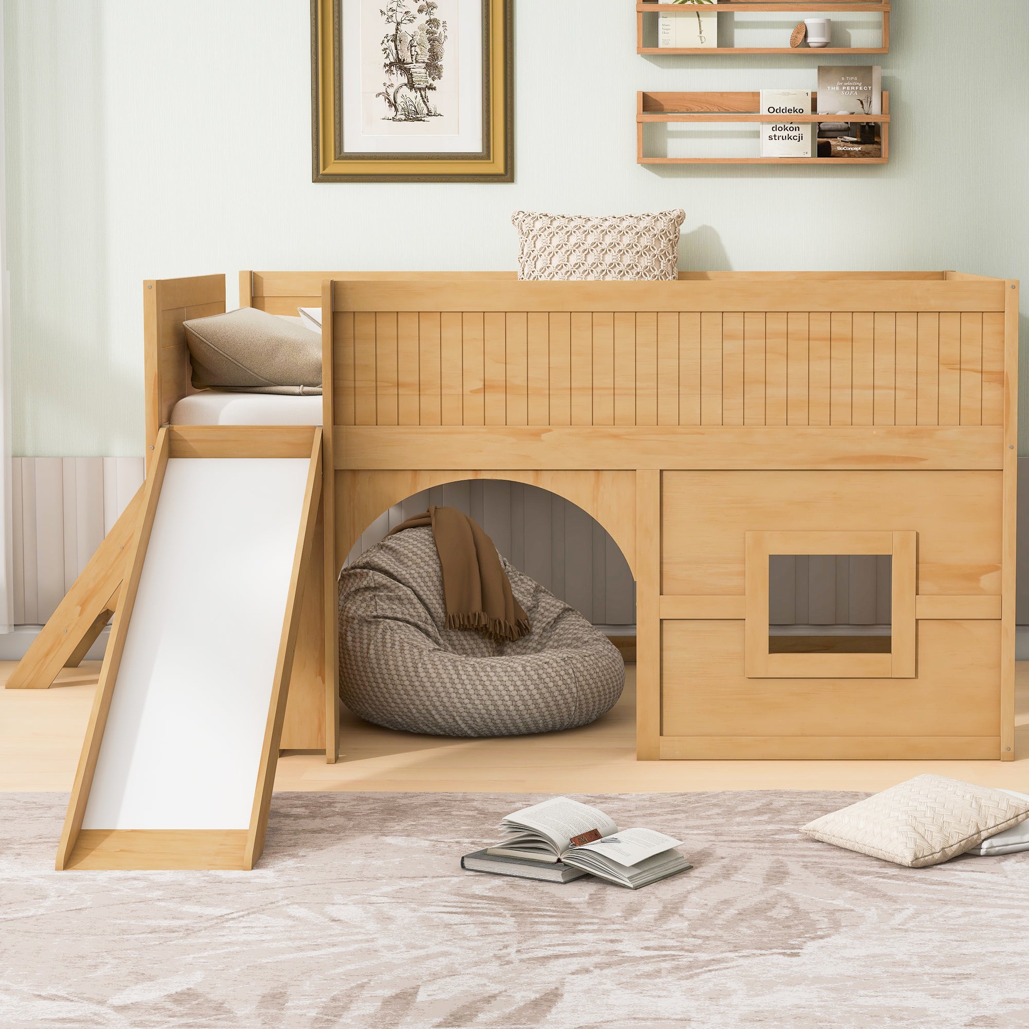 Kids Low Loft Bed with Slide & Storage Shelves, All-in-One Wooden Loft Bed with Underbed Play Fort