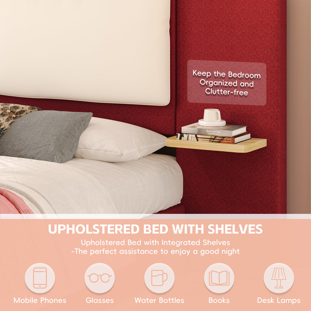 Christopher Knight Home Upholstered Storage Platform Bed with PU Headboard Cushion & Built-In Side Shelves