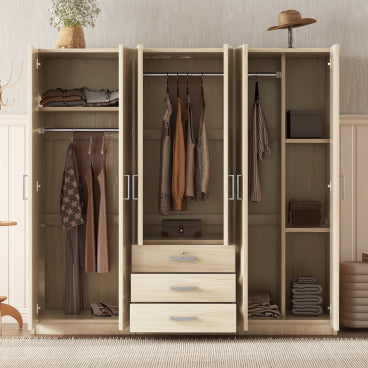 GDFStudio Lewis 6-Door Wooden Armoire Wardrobe with Big Drawers, Natural