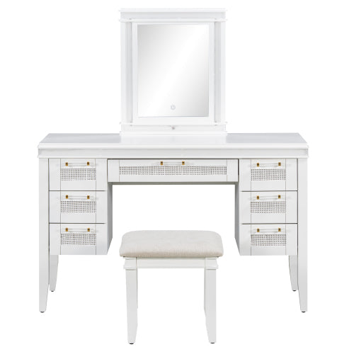 GDFStudio Amelia Classic Modern Glam Wood Makeup Vanity Desk with LED Mirror, Drawers and Stool, Light Beige