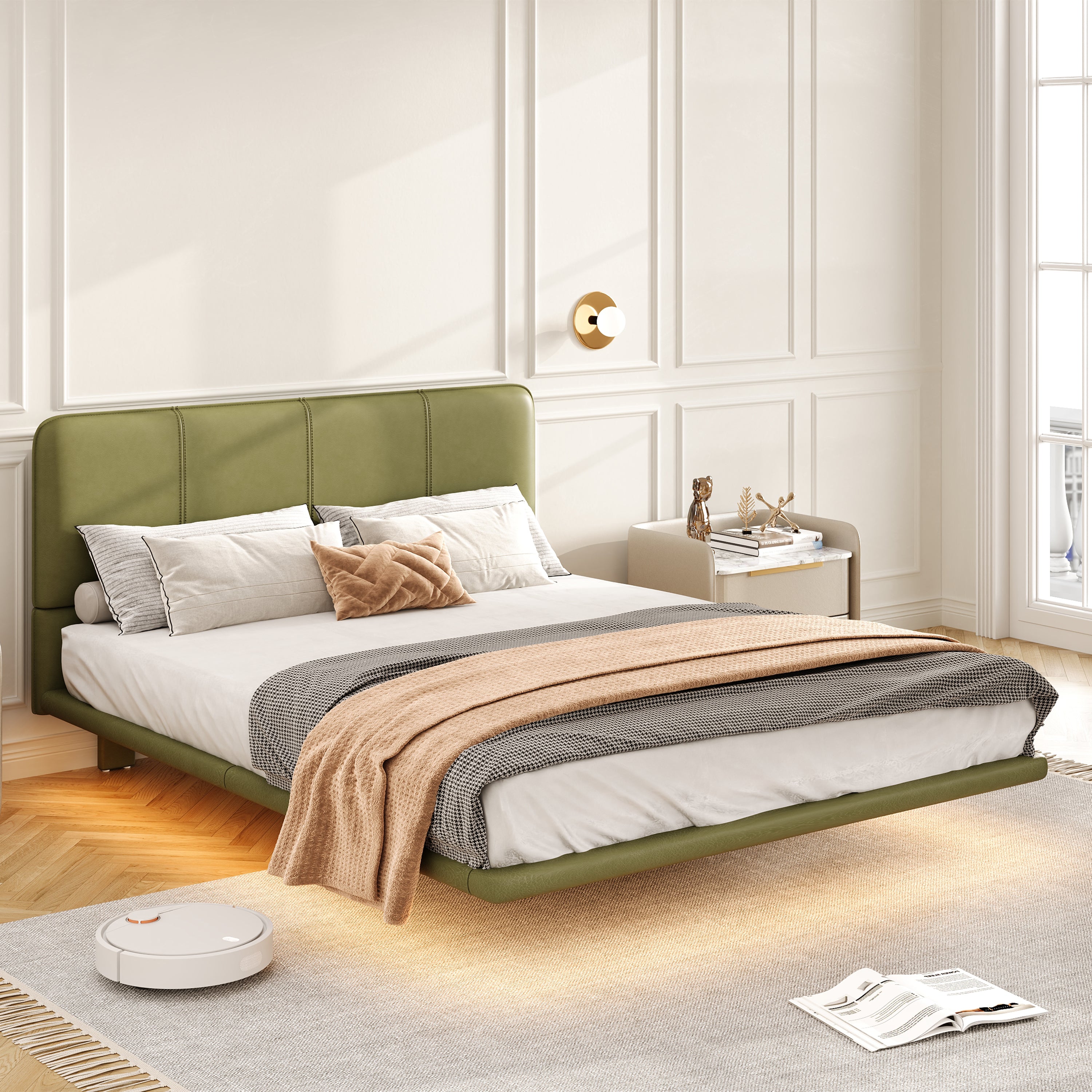 Christopher Knight Home Modern Floating Platform Bed with PU Leather & LED Under-Bed Lighting