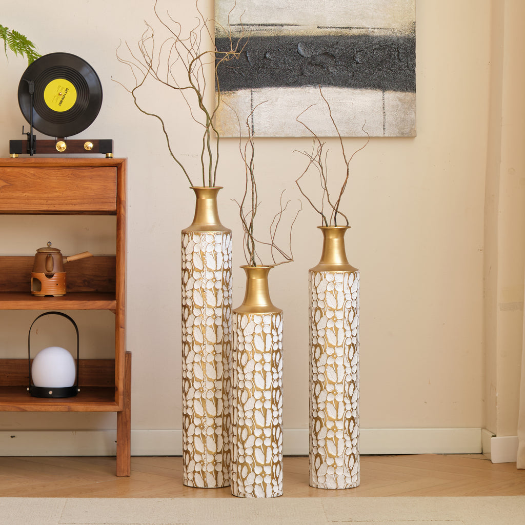 GDFStudio Resaca 3 Piece Decorative Metal Floor Vases, Gold/White