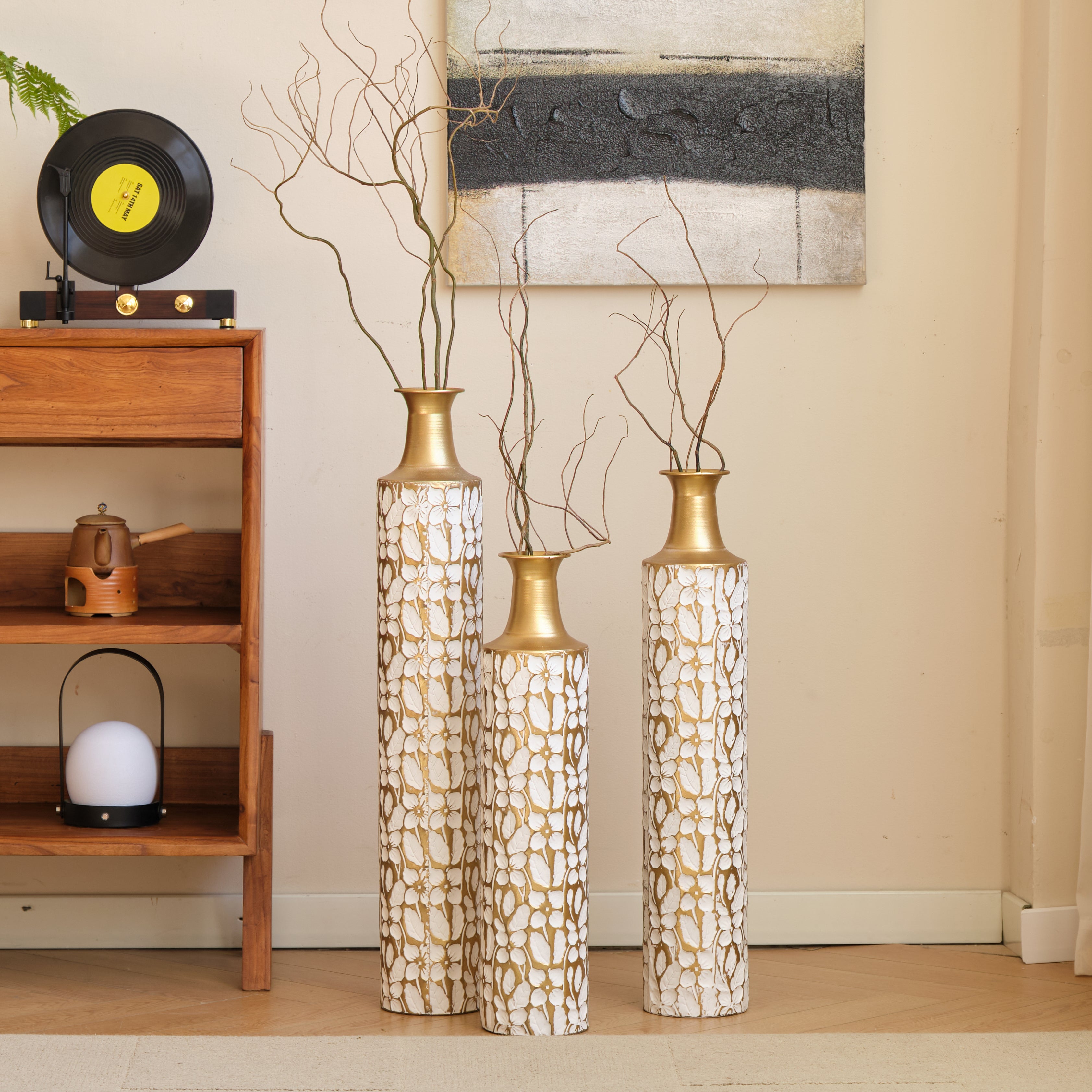 GDFStudio Resaca 3 Piece Decorative Metal Floor Vases, Gold/White