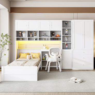 GDFStudio Conway Wooden Platform Bed with Desk, Wardrobe and Shelves, White, Twin Size