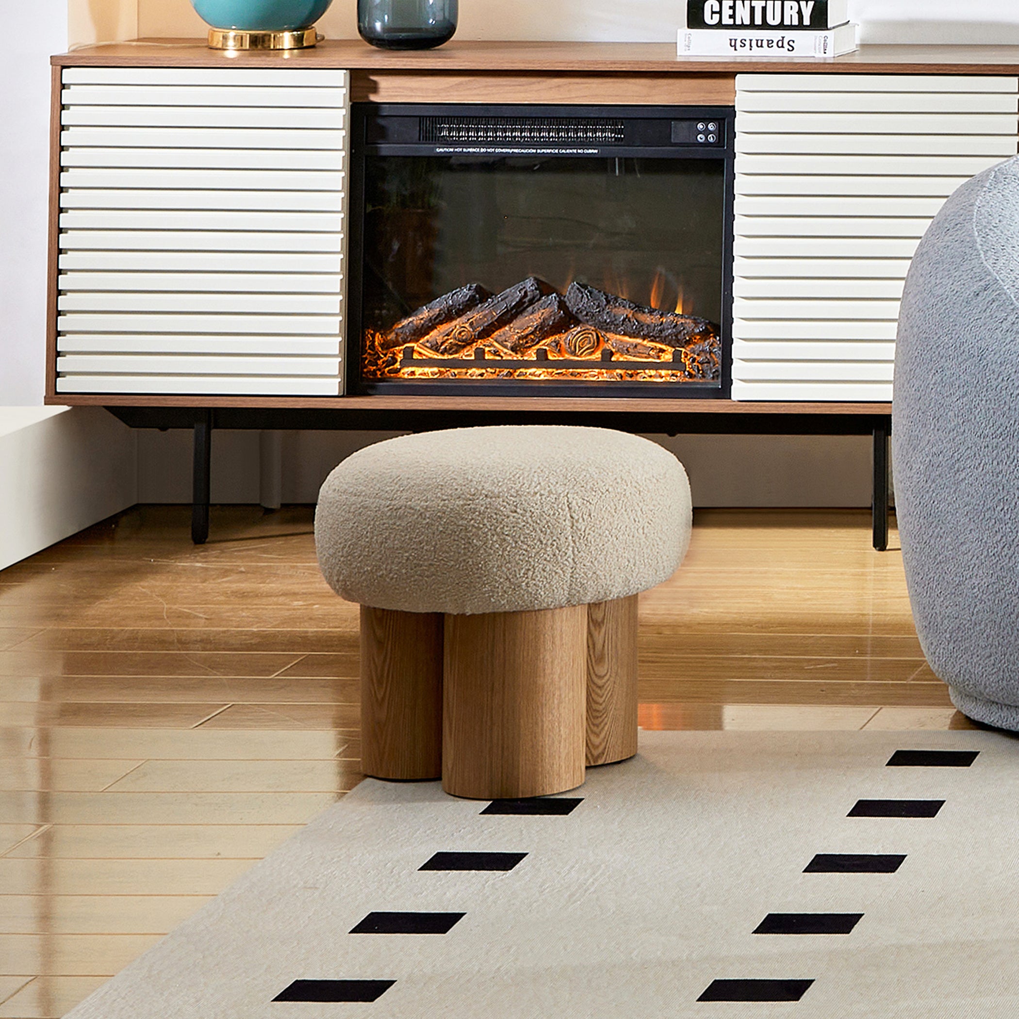 GDFStudio Celia Modern Lamb Wool Upholstered Mushroom Stool, Greige