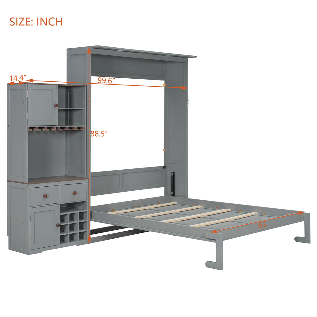Queen Size Murphy Bed with Storage, Wine Rack & LED Lights – Space-Saving Wall Bed with Cabinets & Shelves for Modern Apartments