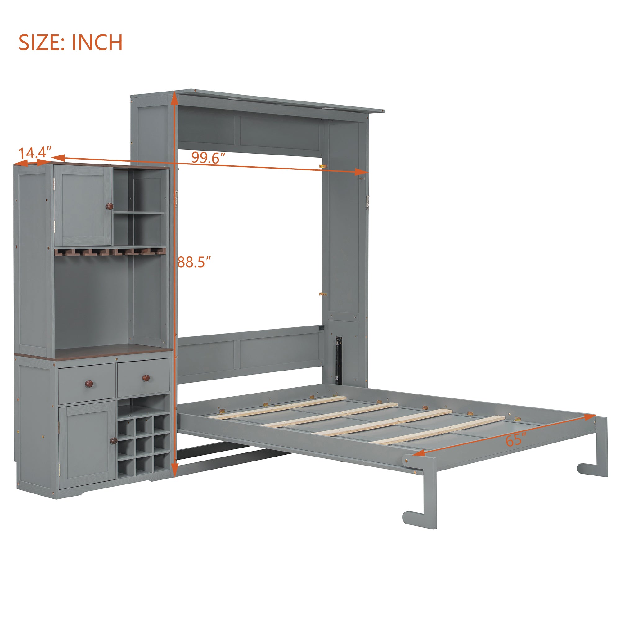 Queen Size Murphy Bed with Storage, Wine Rack & LED Lights – Space-Saving Wall Bed with Cabinets & Shelves for Modern Apartments