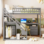 Bunk Bed with Stairs, Desk & LED Lights, Space-Saving Storage Bunk Bed with Drawers for Kids & Teens