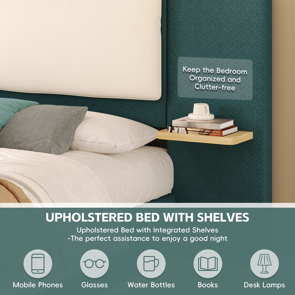 Christopher Knight Home Upholstered Storage Platform Bed with PU Headboard Cushion & Built-In Side Shelves